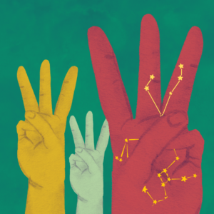 The background is emerald green paper. There is a collage of 3 hands, red, yellow and pale green, holding up the 3 finger salute. On the red hand, which is on the forefront, has a trail of stars mapped together. 