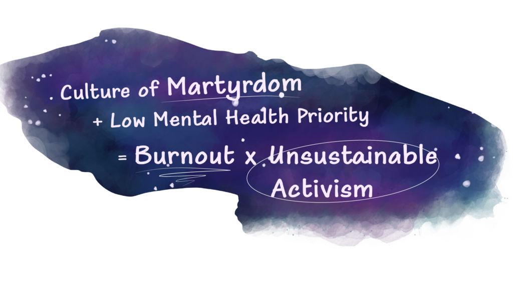 A watercolor wash that looks like a galaxy with text that reads, "Culture of Martrydom + Low Mental Health Priority = Burnout & Unsustainable Activism".